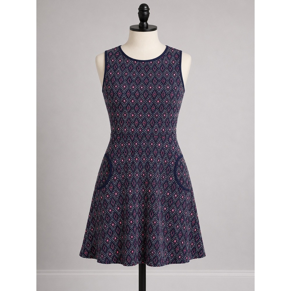 Lesley Evers Navy Pink Geometric Jacquard Knit Sleeveless Pocket A-Line Dress XS